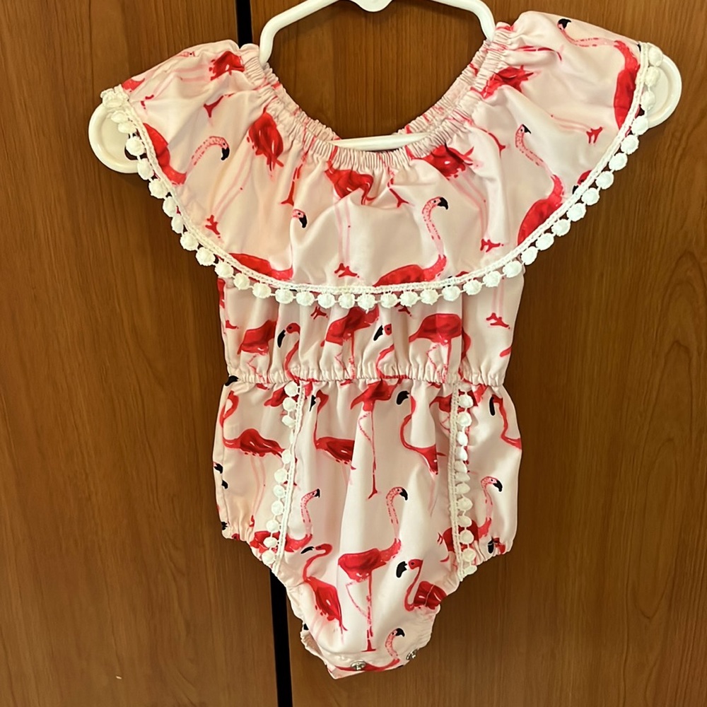 Off the shoulder romper with flamingos